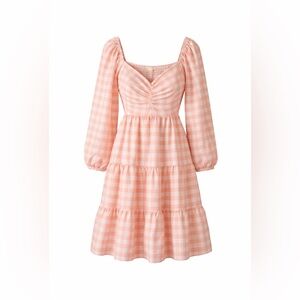 Peach Gingham Tiered Mini Dress Puff Sleeve Ruched Bust Cottagecore